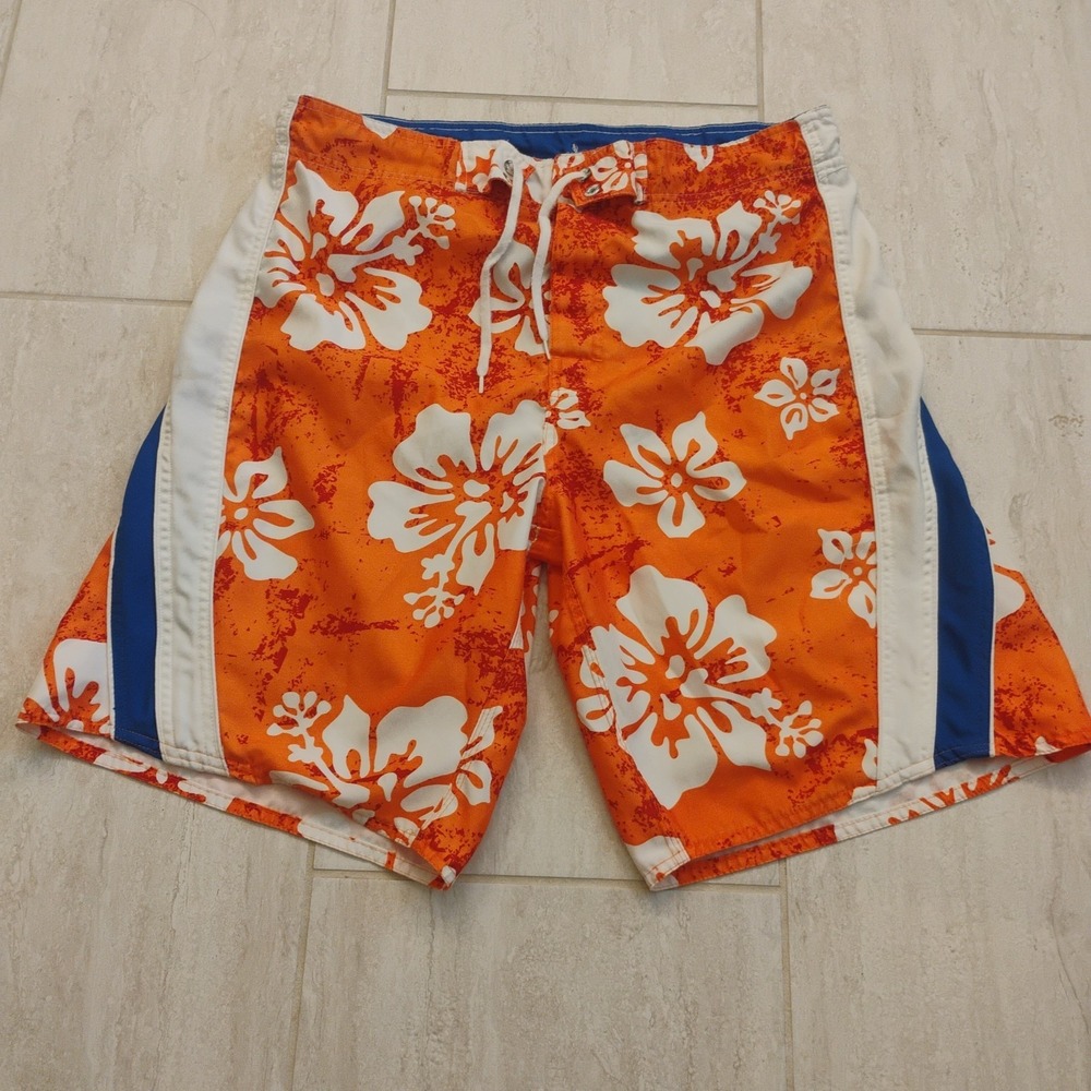 No Boundaries Vintage Y2K Orange Hibiscus Floral Board Shorts Swim Trunks Mens M